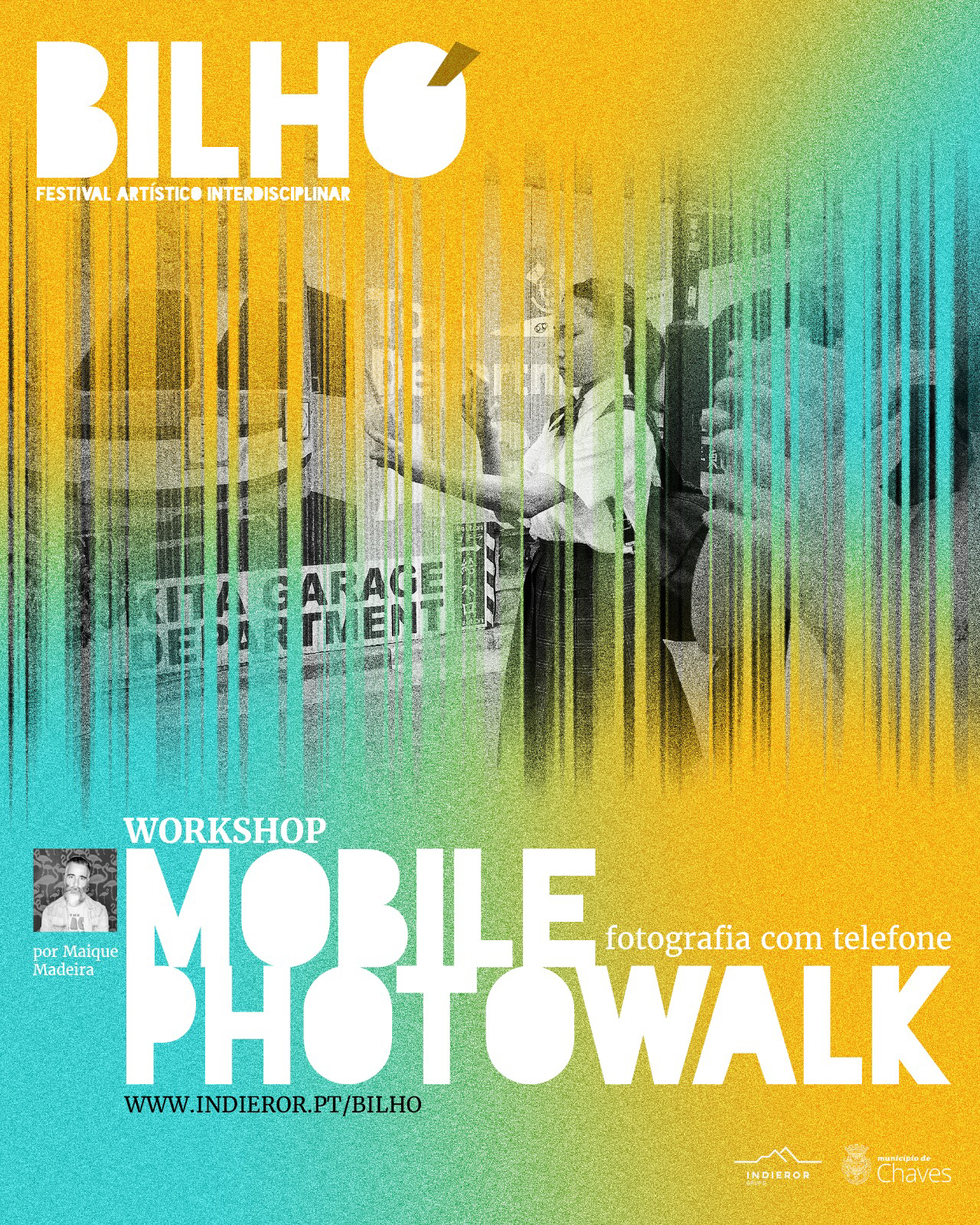 Ad for a mobile photography workshop. Blue and yellow, with a black and white photograpy in the back. 