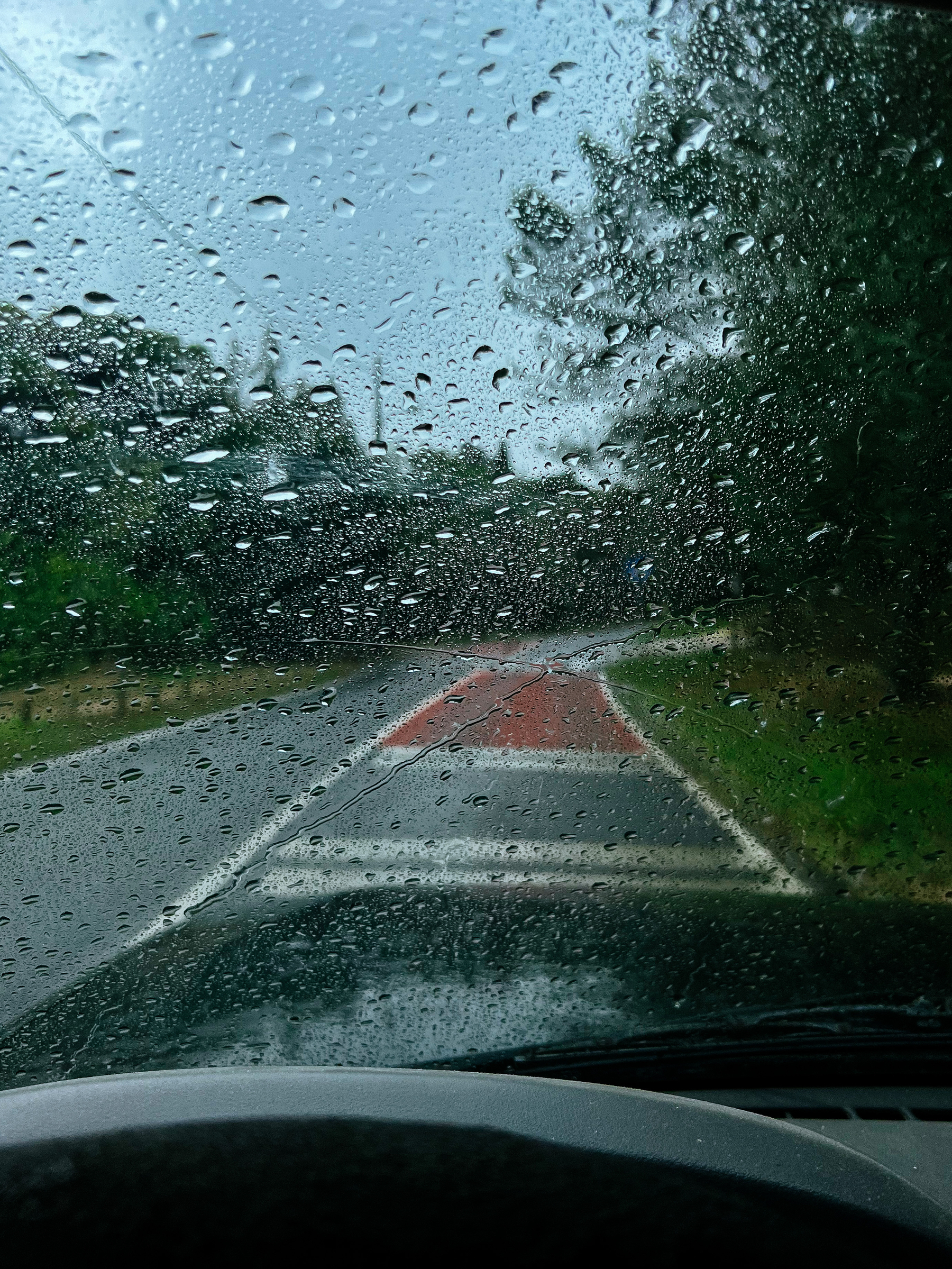 Rain on a windshield, with the road in front of us. Forest road, with trees on both sides. 