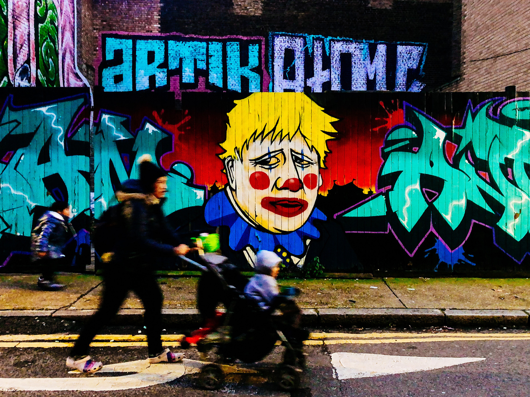 Street art on the streets of London showing Boris Johnson as a clown. 