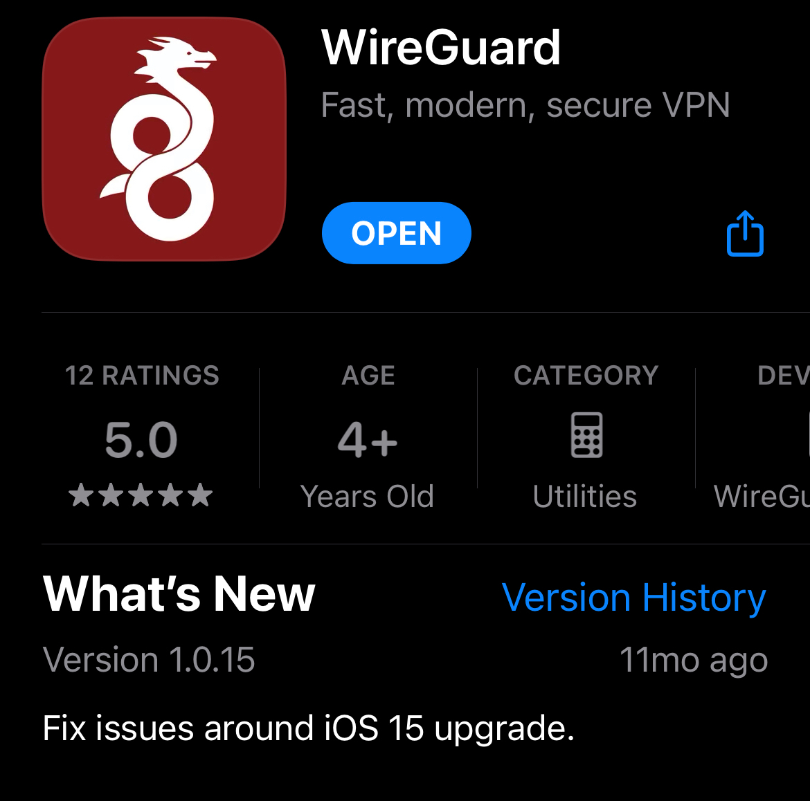 screenshot of the WireGuard App Store page