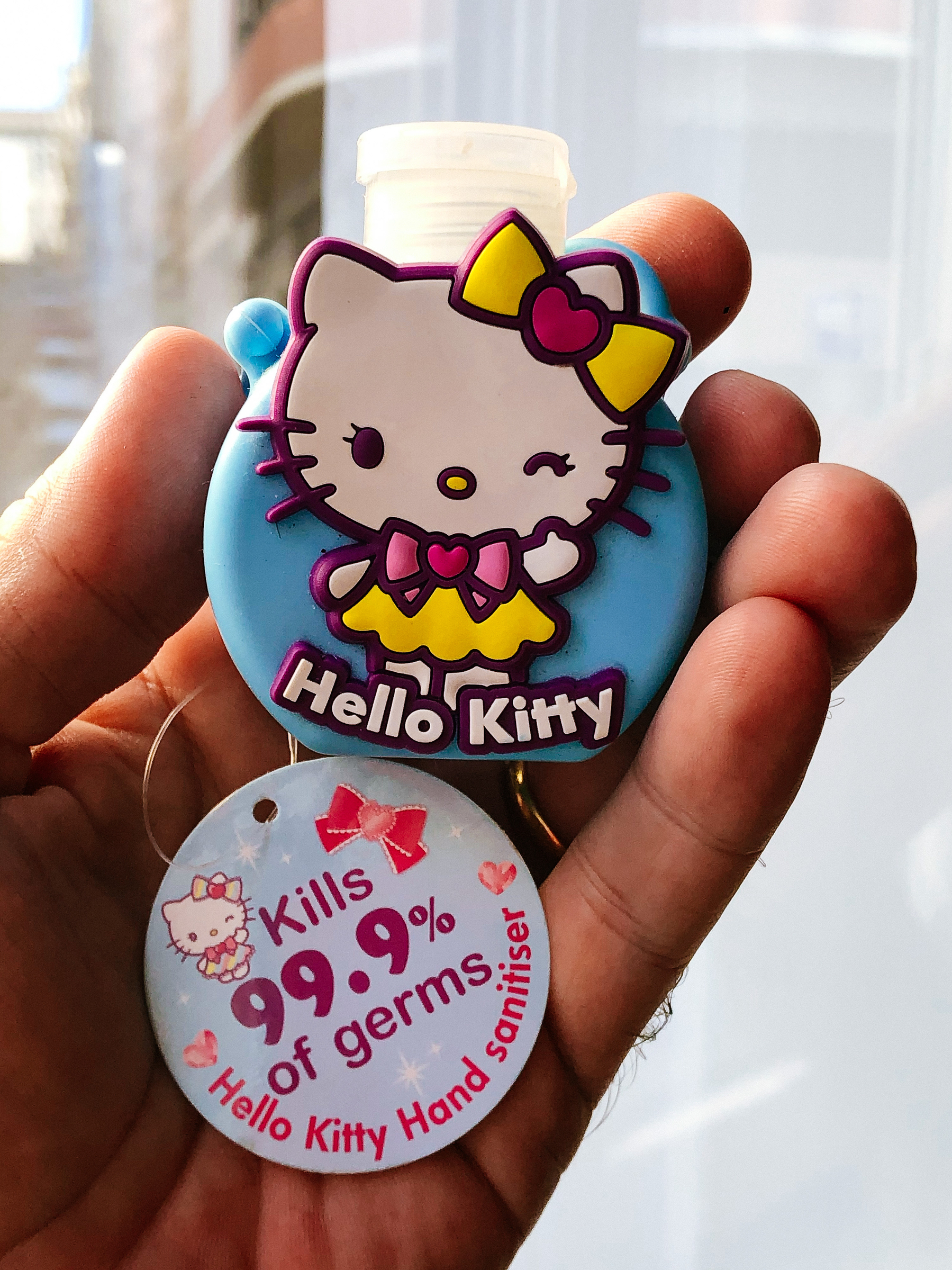 A bottle of Hello Kitty hand sanitizer. 