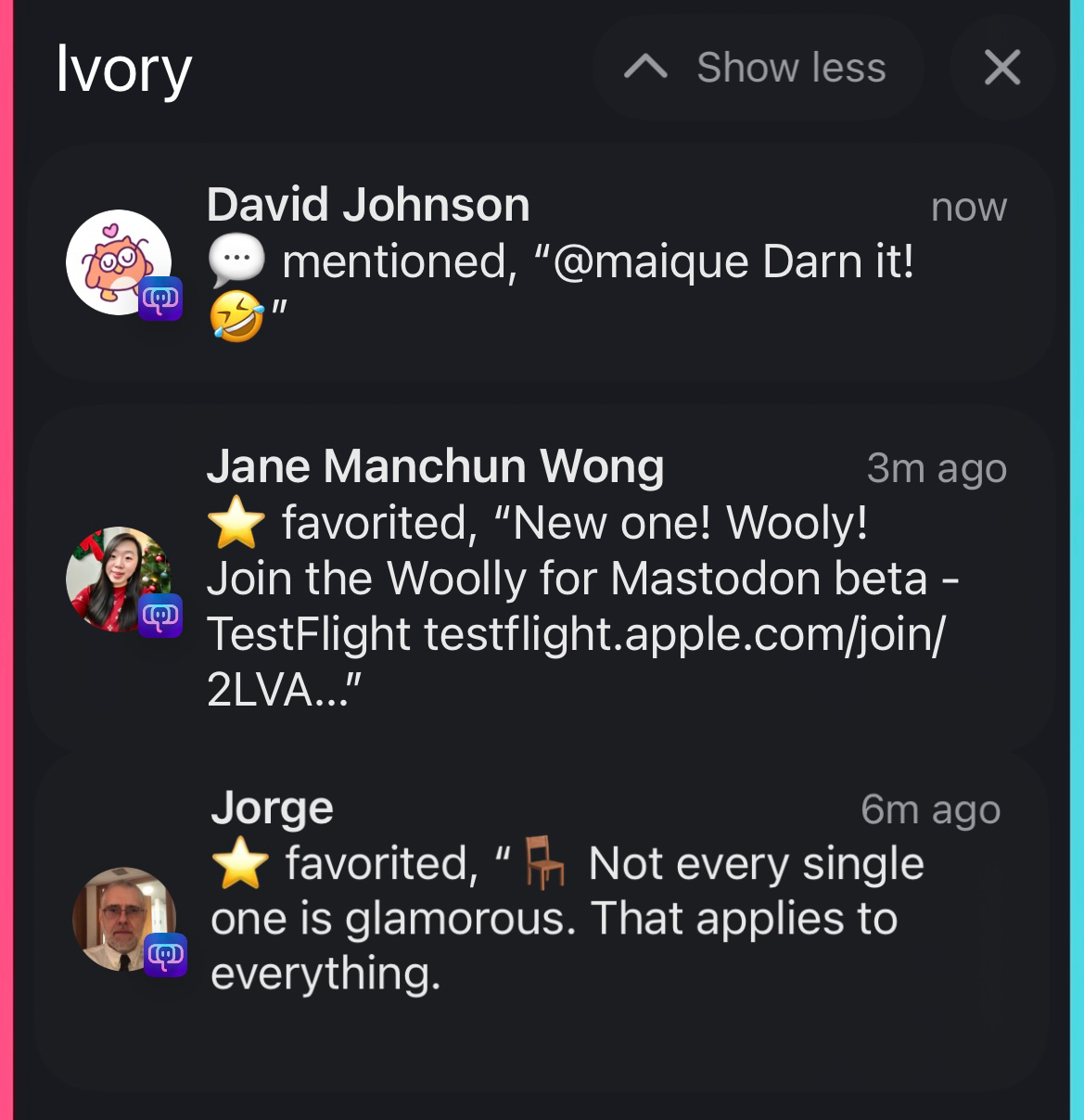 Screenshot of Ivory notifications. 
