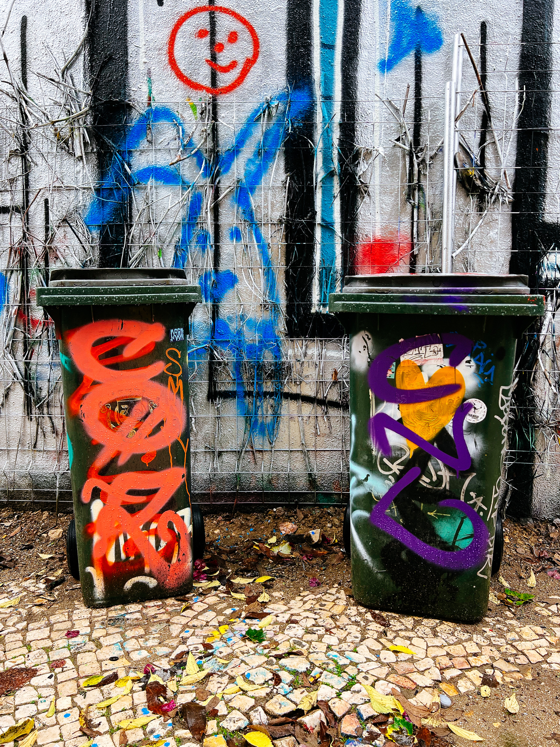 Two painted trash bins in front of a painted wall