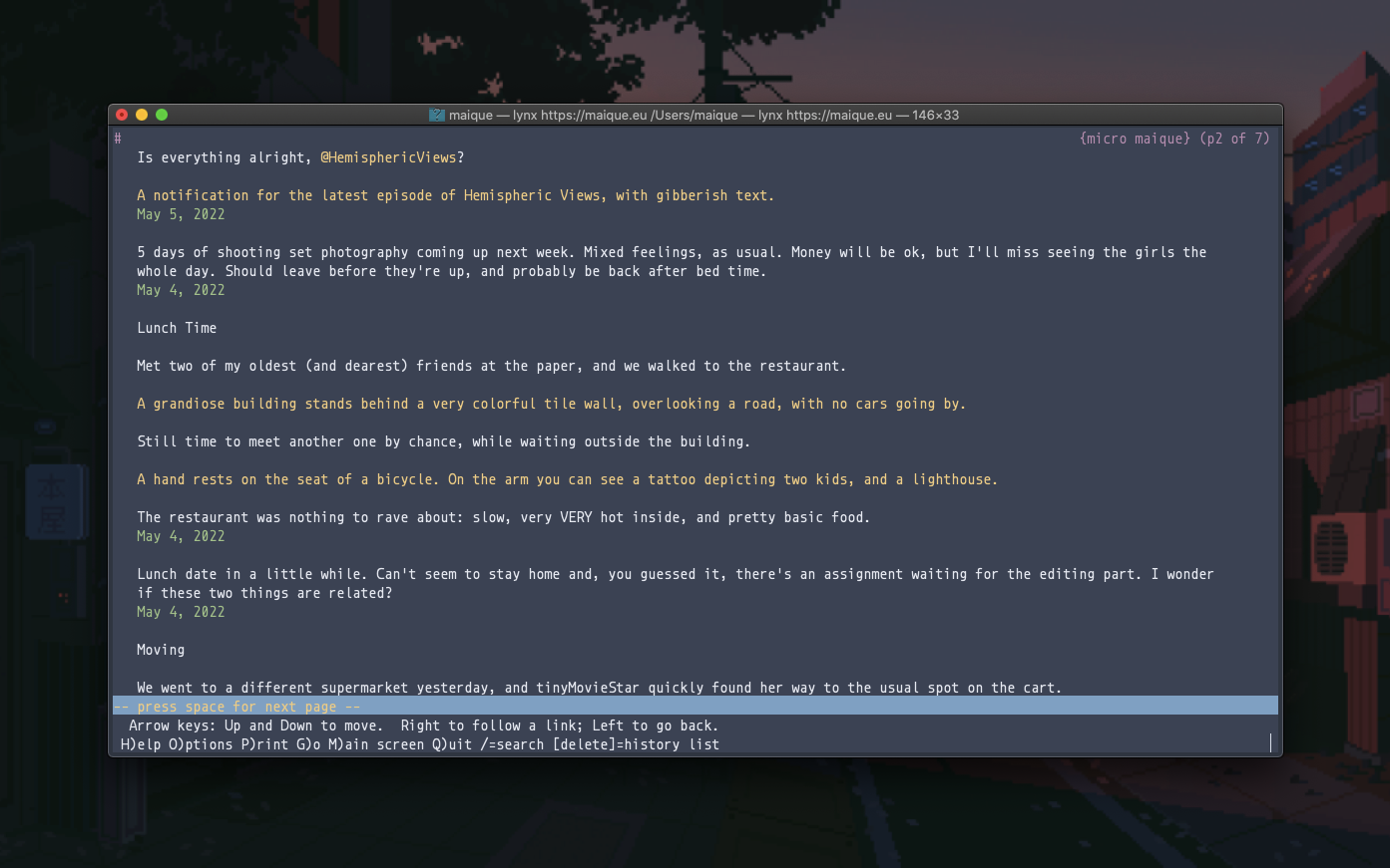 Terminal window with Lynx browser running, showing the text version of this blog. The image descriptions are working, showing in yellow.