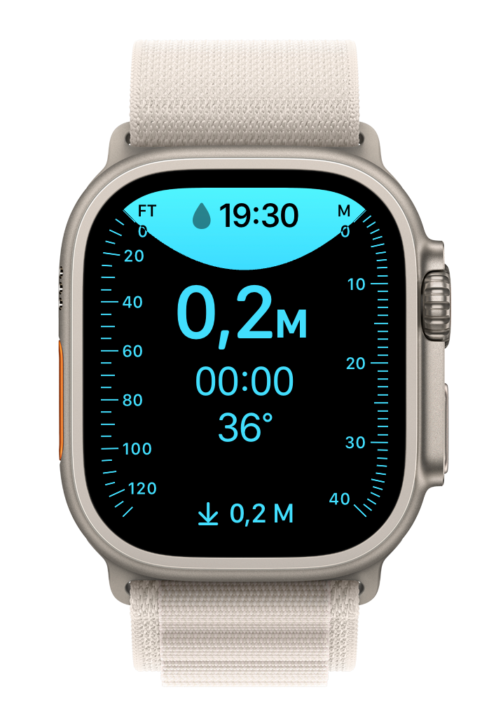an Apple Watch screenshot with the depth gauge on