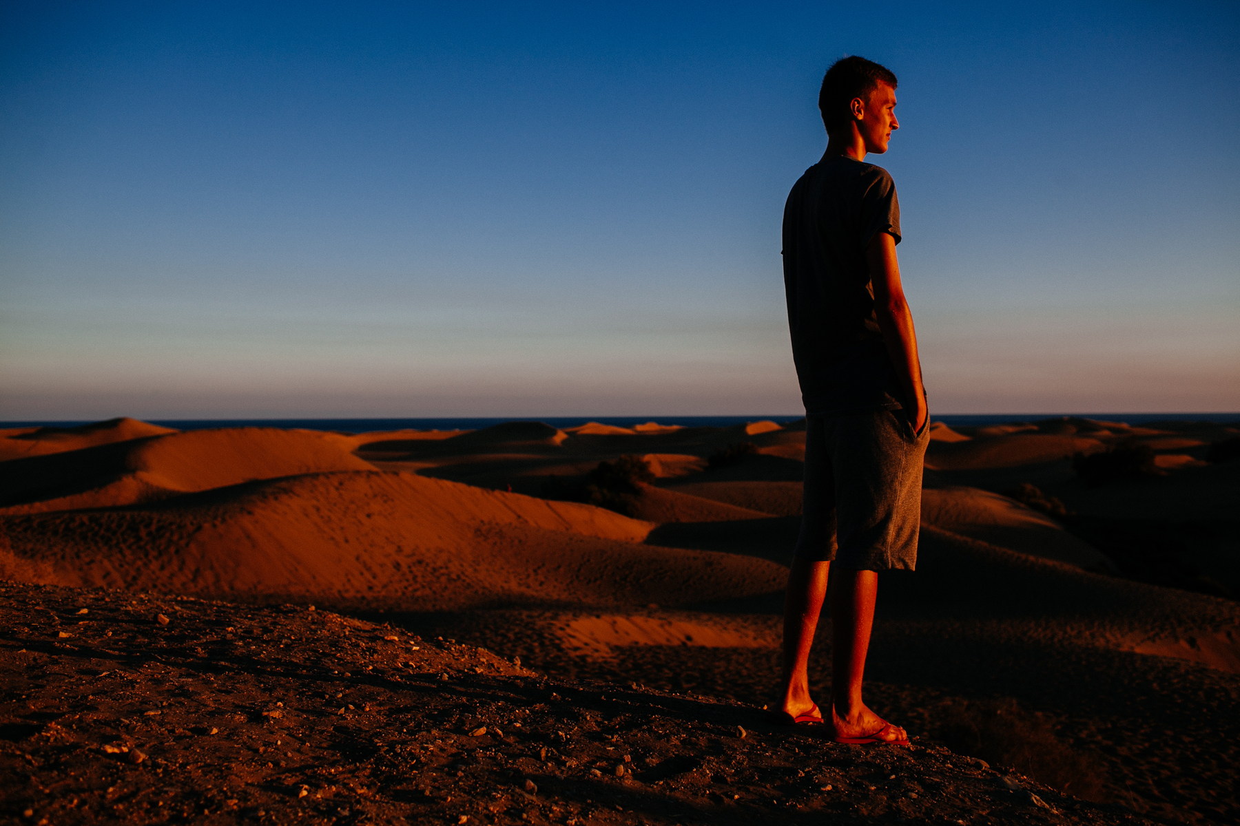 A man looks out from the top of a sand dune during sunset. 