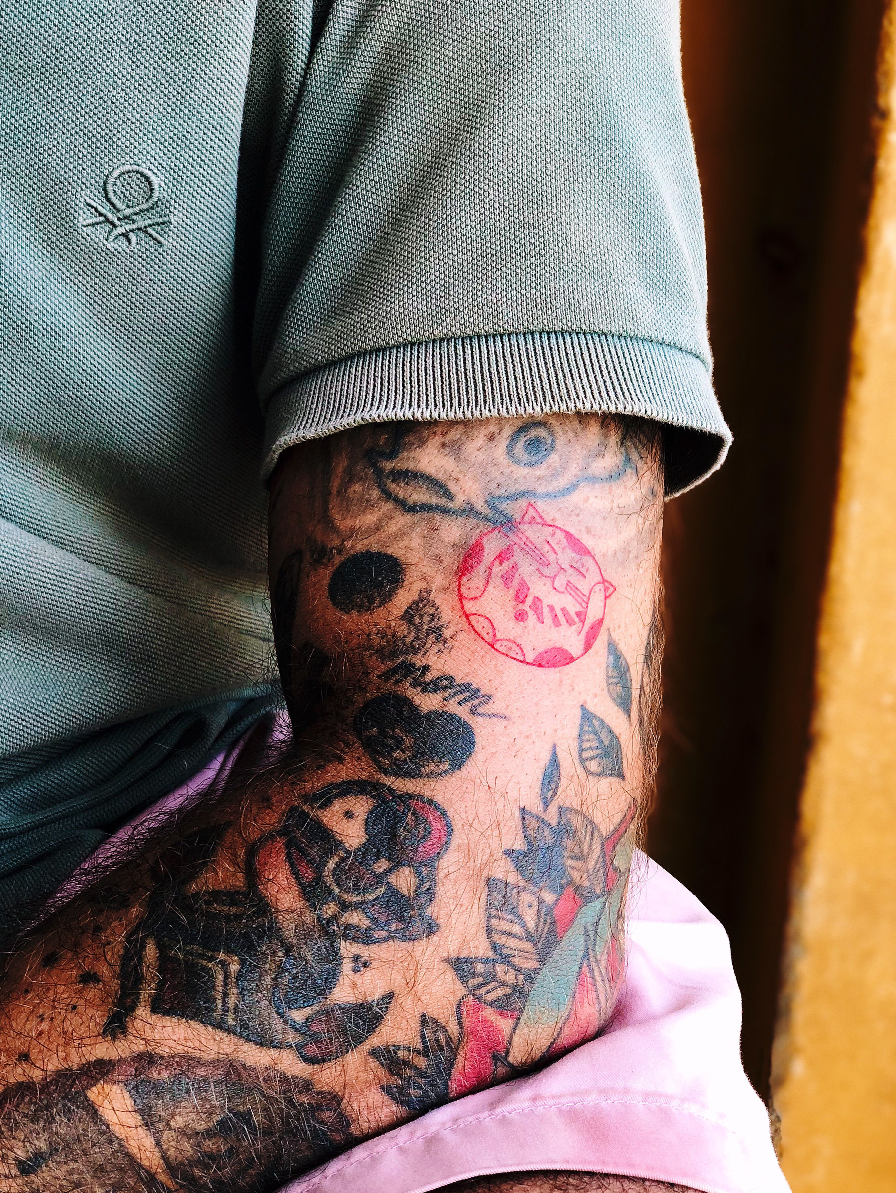 An arm with a few tattoos on it. One looks like a cat stamp. 