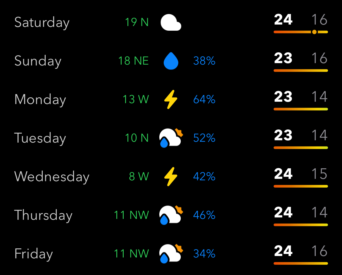 Screenshot of a weather app showing rain and thunderstorms for the week. 