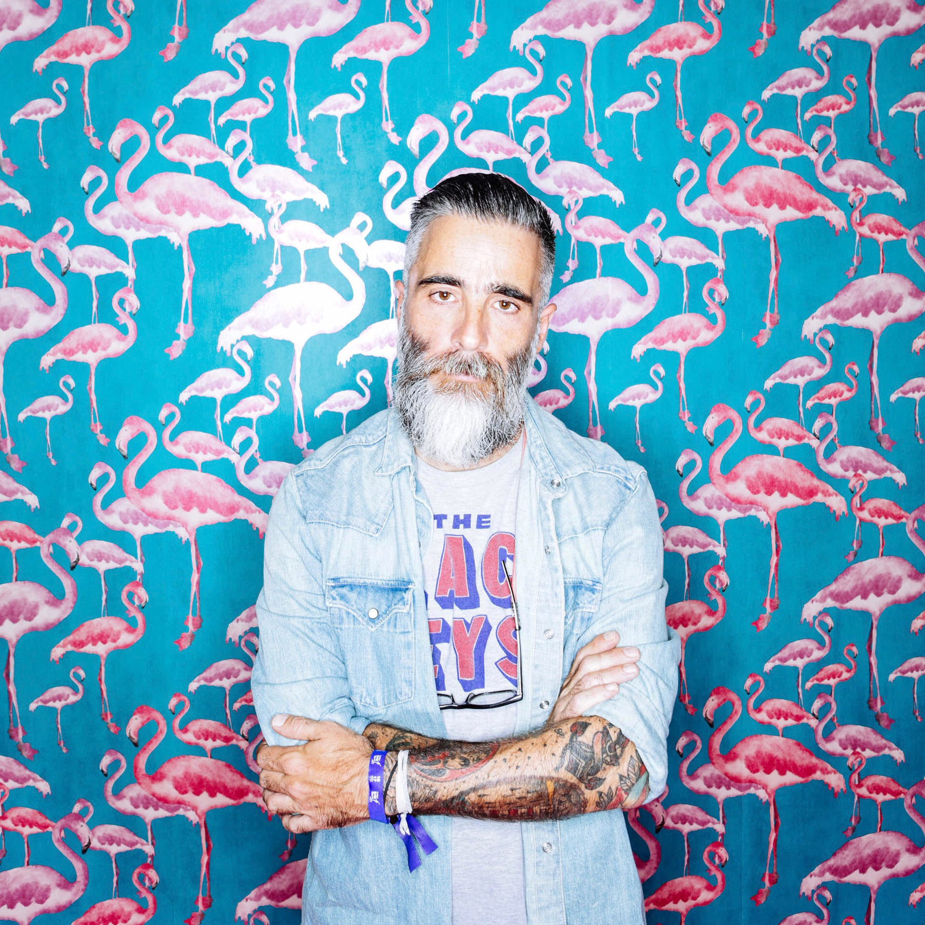 A bearded man looks at us, arms folded. Wallpaper behind him with flamingos. 