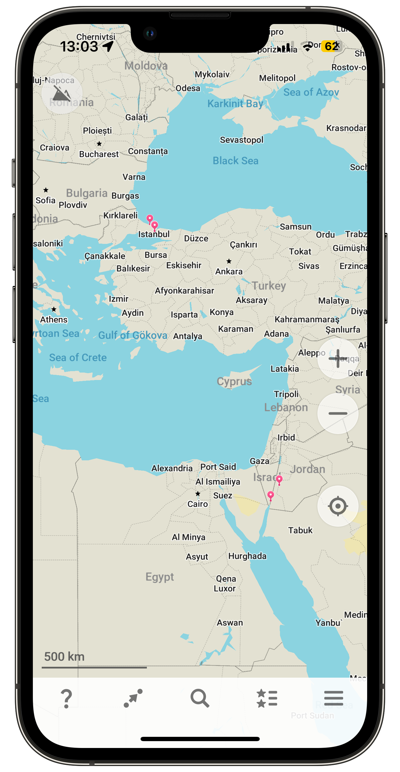 Organic Maps on iOS, with some markers on Istanbul and Aqaba/Petra.