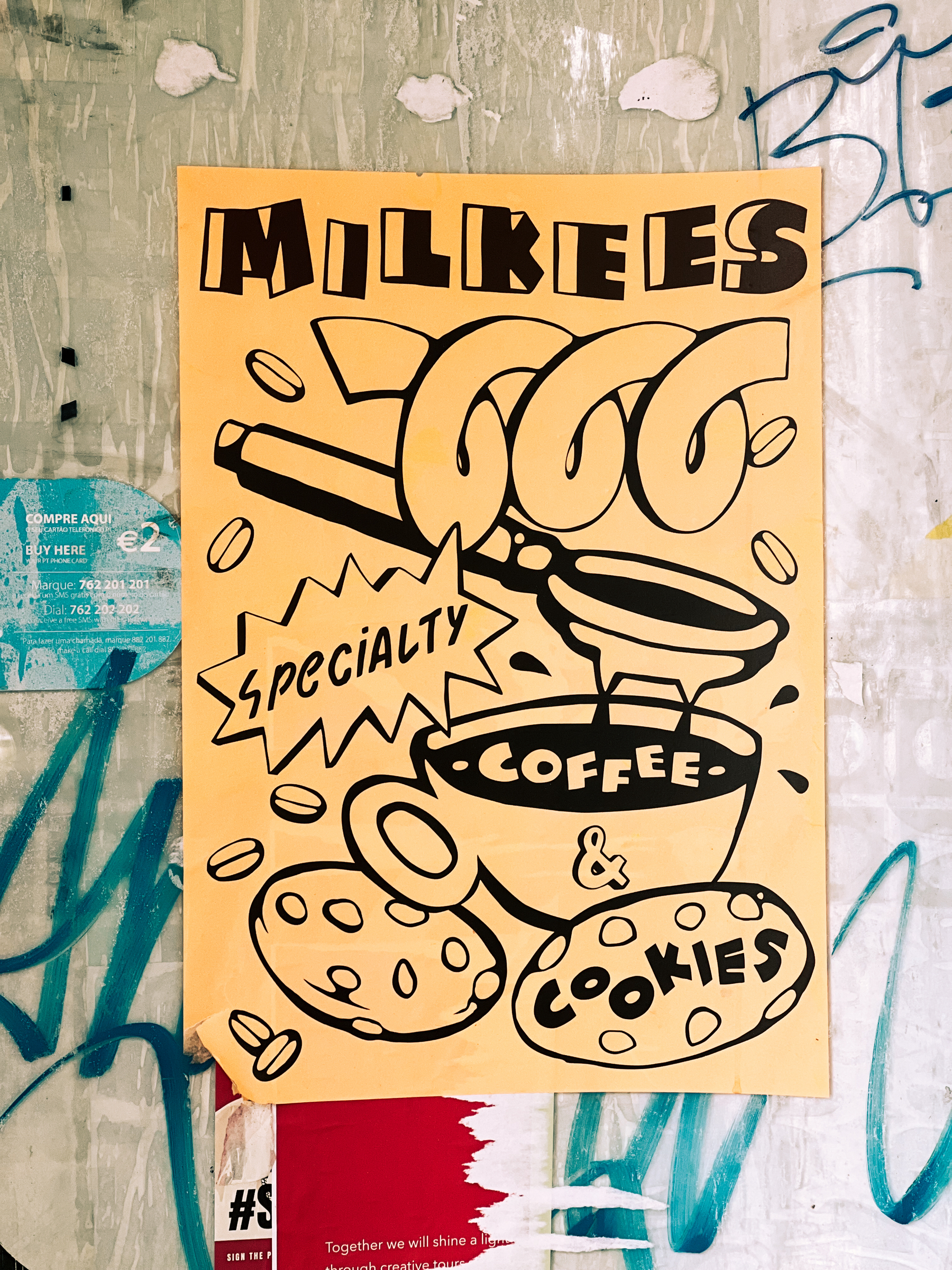 A poster. Milkees, advertising coffee and cookies. 