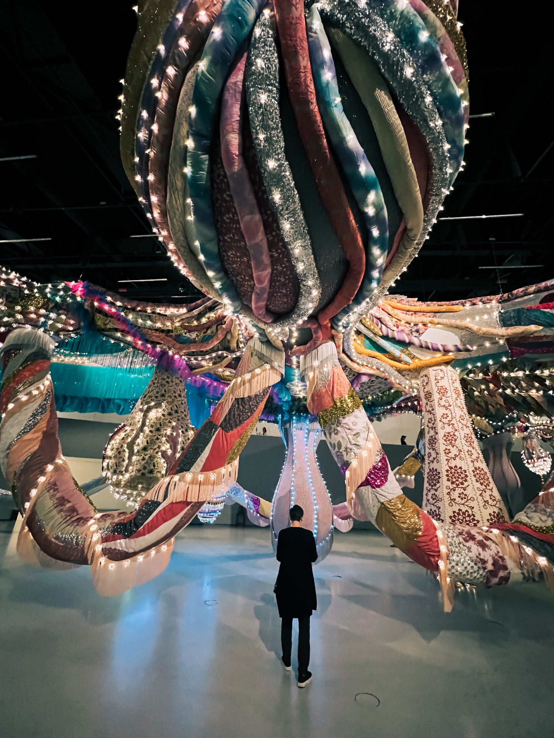 Art work by Joana Vasconcelos. A giant fabric octopus. 