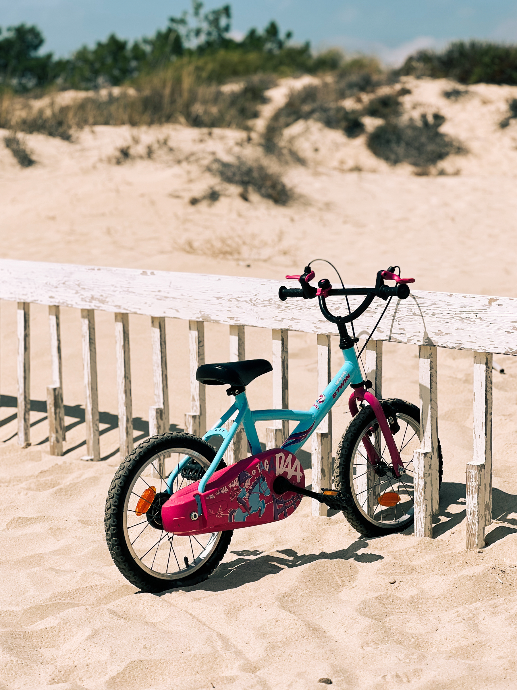 A bicycle is parked at the beach. A small bicycle. 