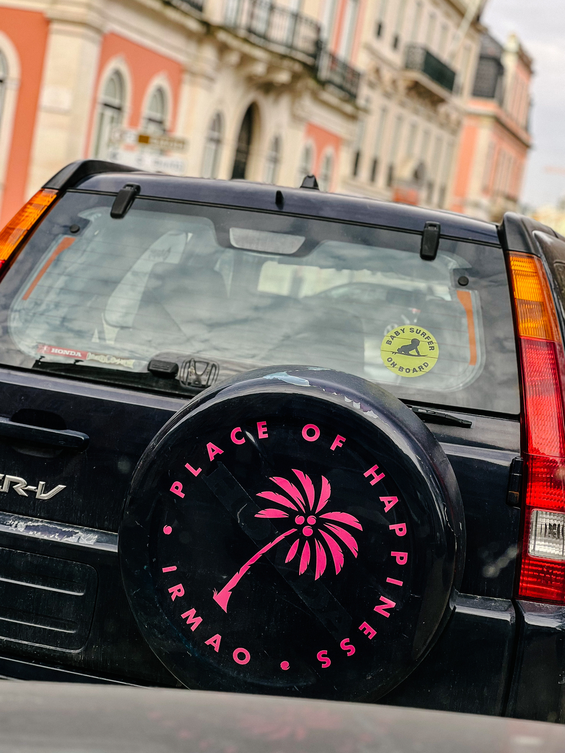 A palm tree, and the words “place of happiness/ irmao”, is pictured on a spare tire cover in a car. 