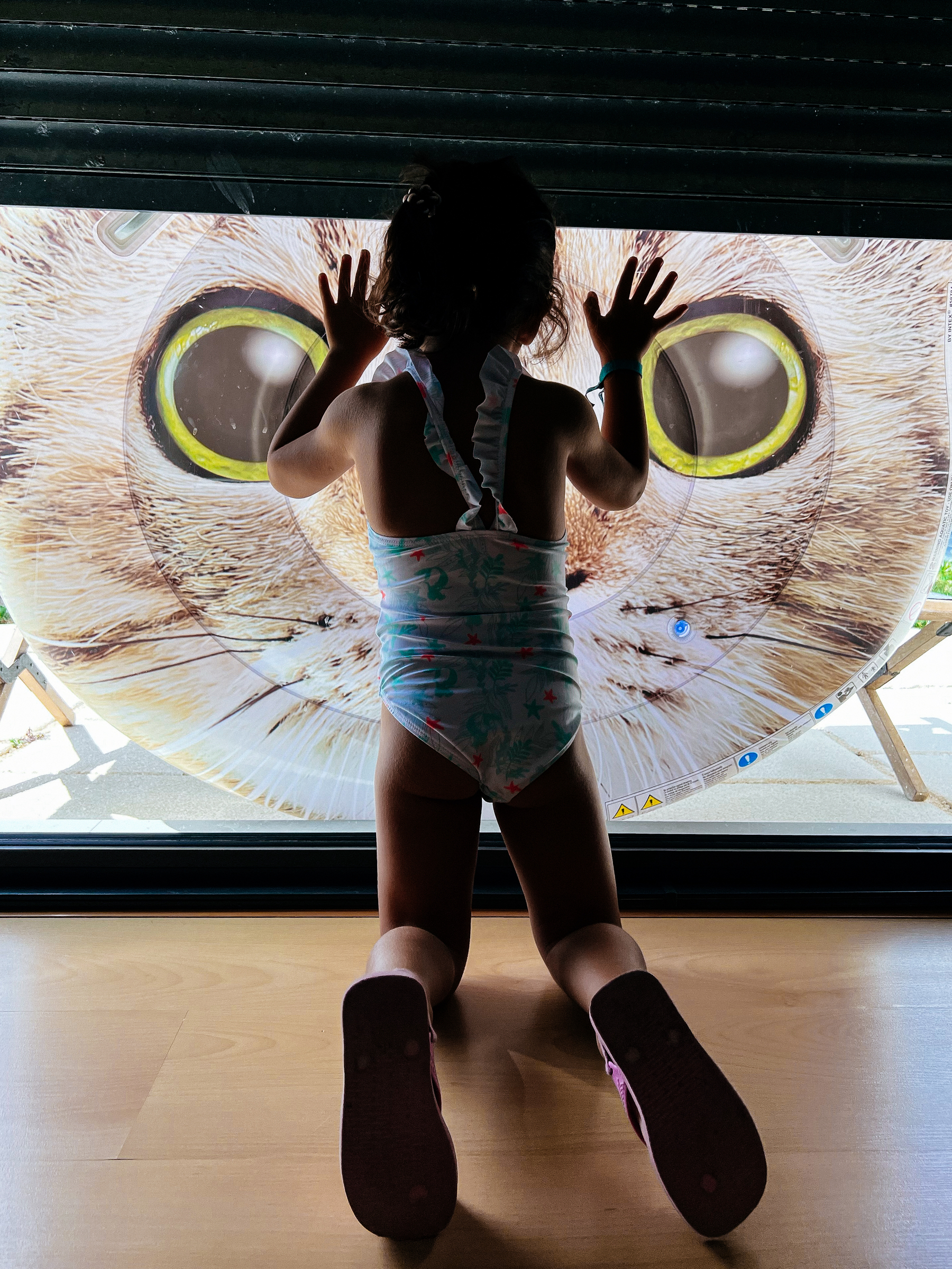 A child stands against a window, with a giant cat face on the other side, looking in. 