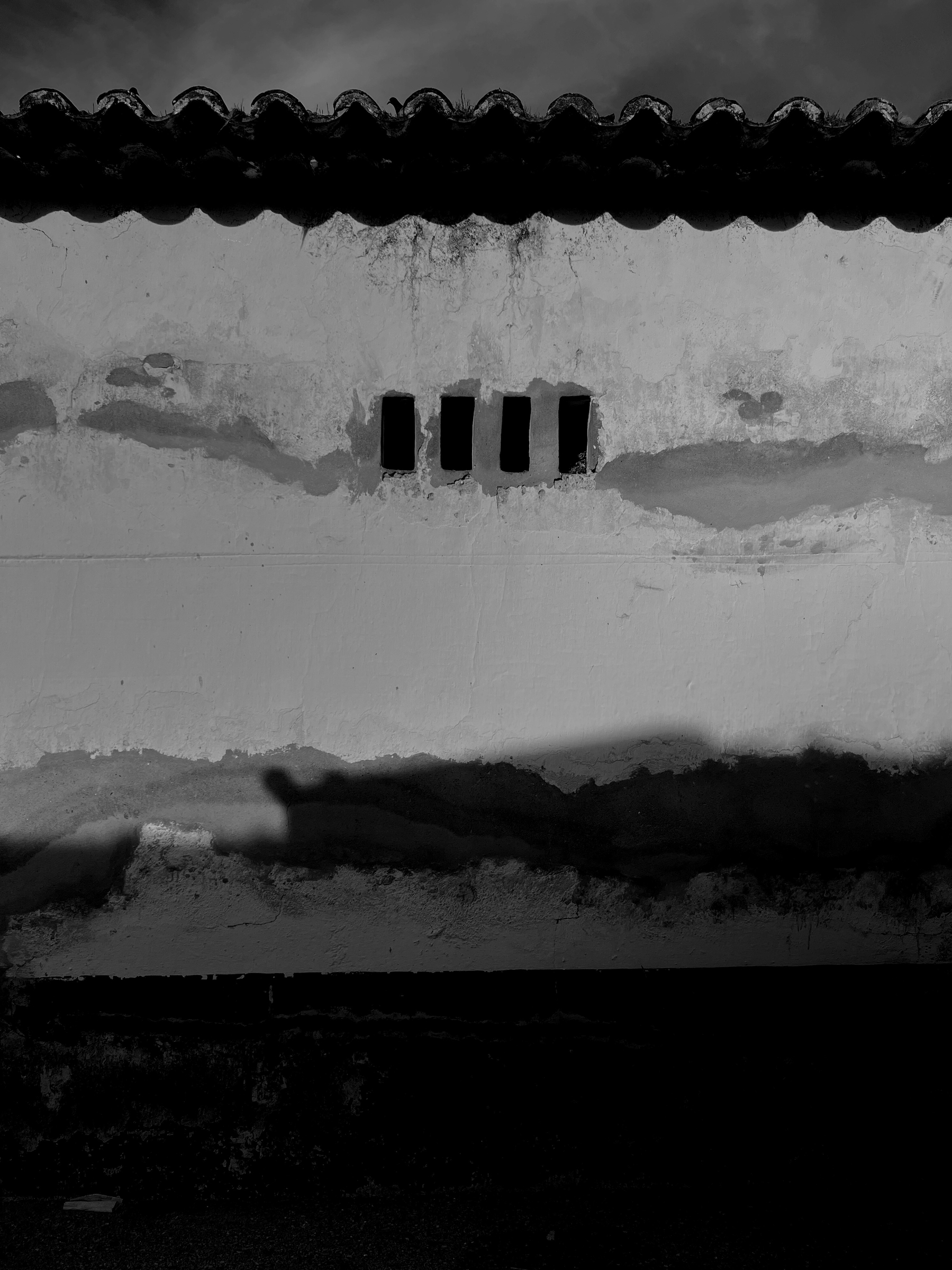 Black and white photo of a wall. 