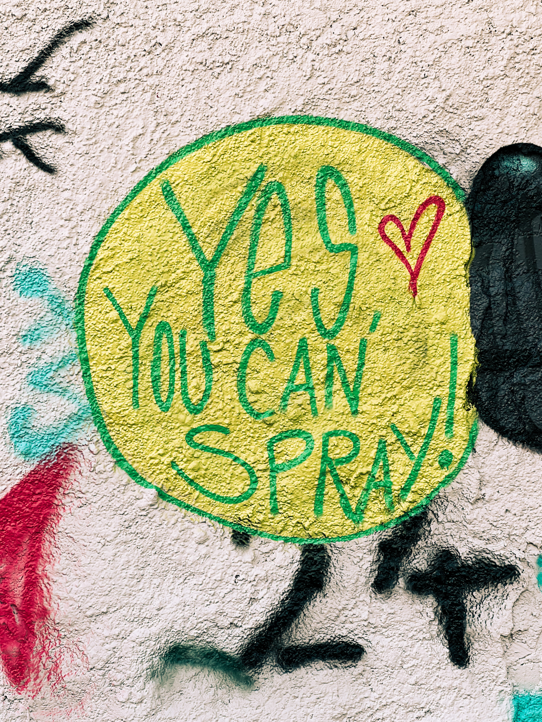 A graffiti on a wall. It says “Yes, you can spray”. 