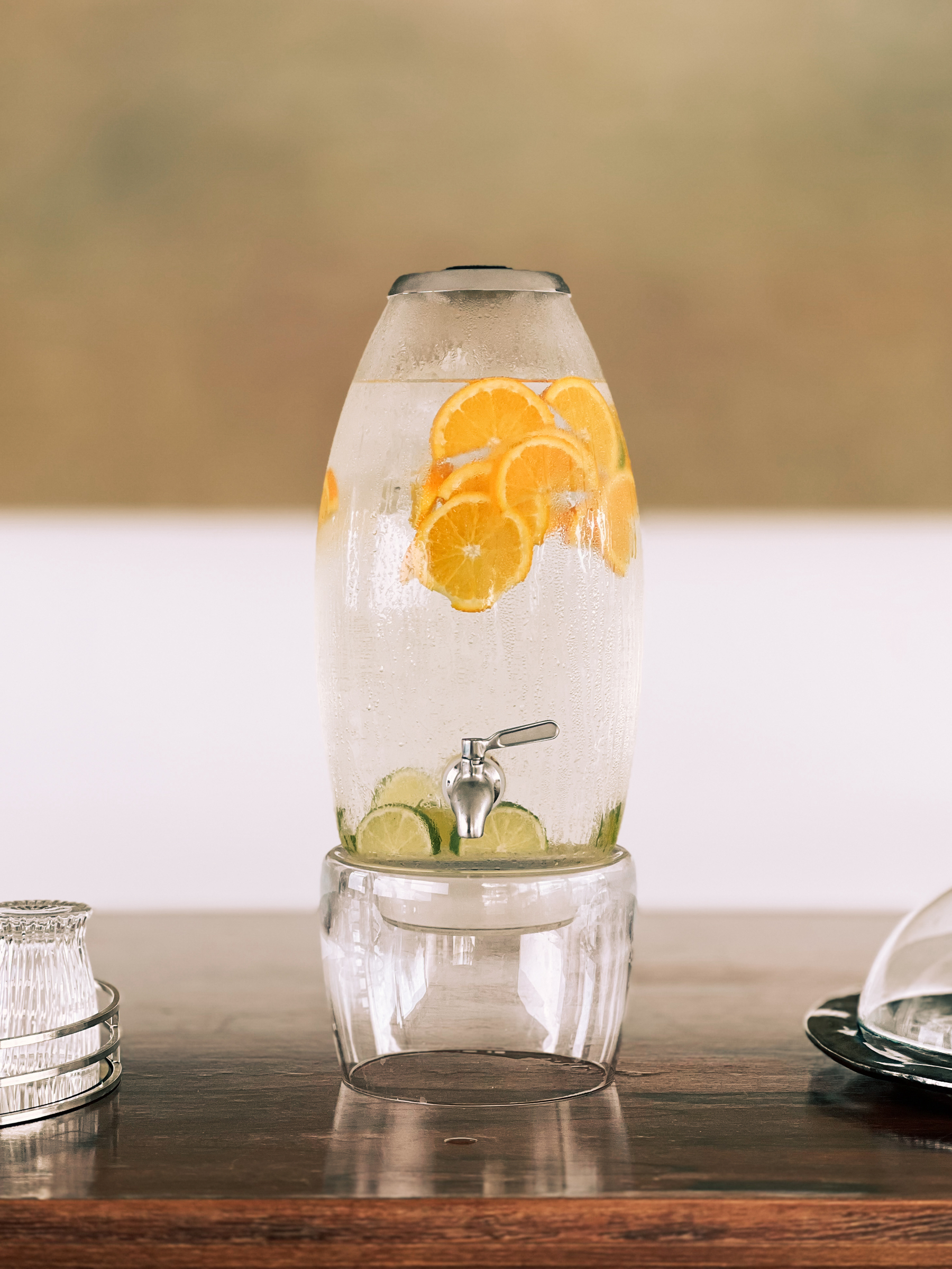 Water container with orange and lime(?). 