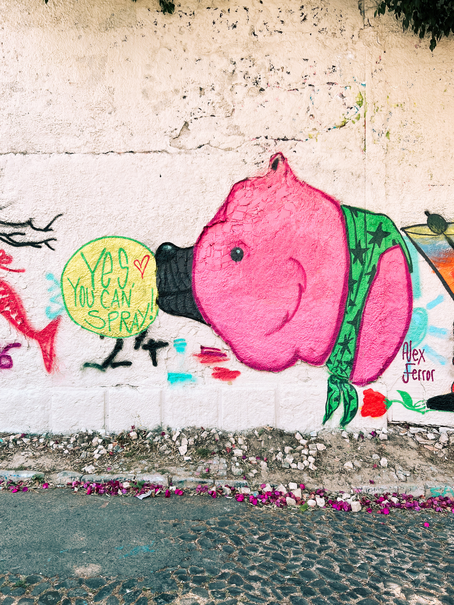 A graffitied wall. Looks like a pink bear…