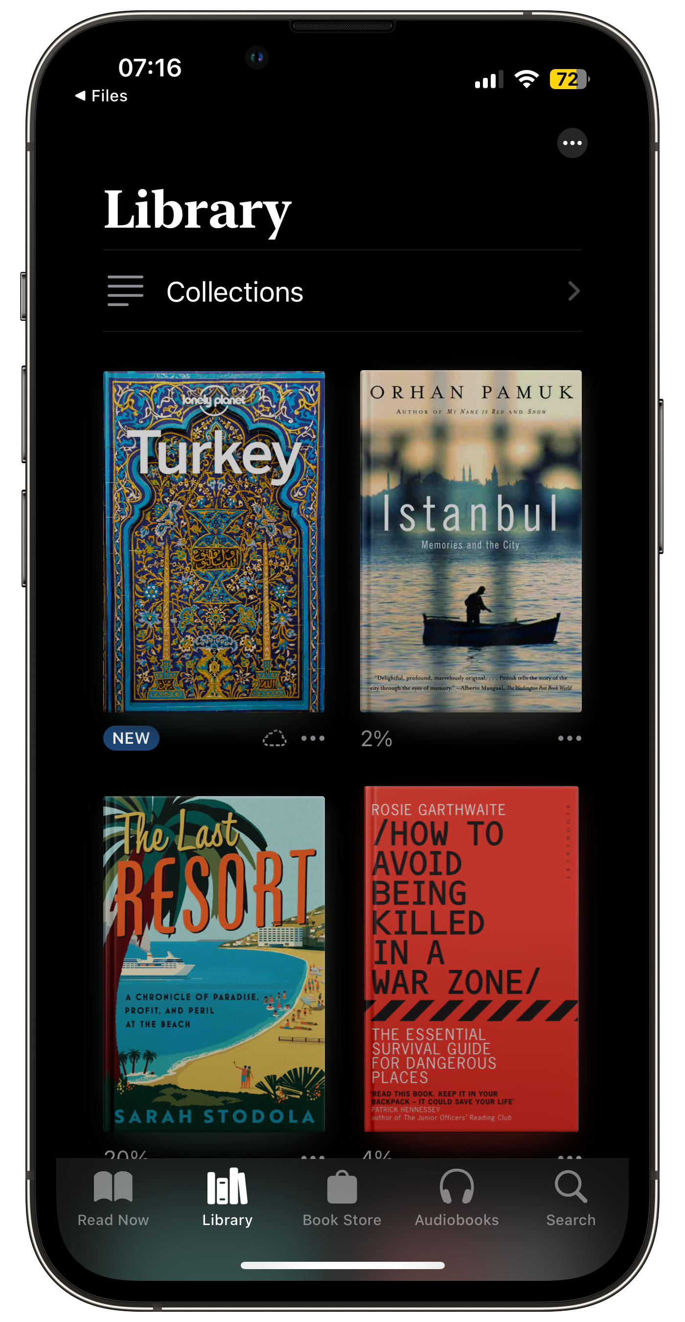 iPhone mockup showing Books, with Lonely Planet Turkey, and Istanbul, by Orhan Pamuk.
