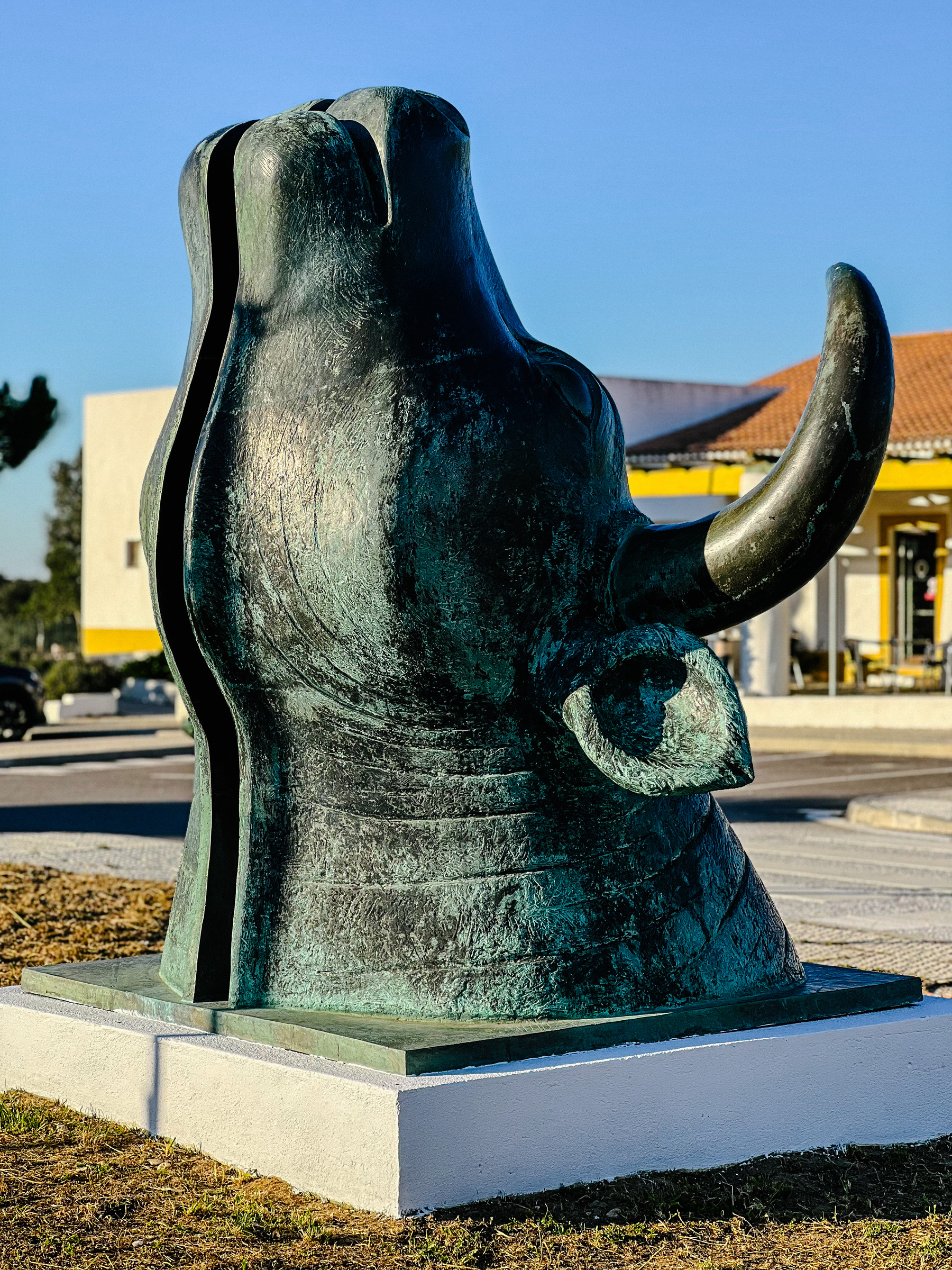 Sculpture of a bull’s head. 