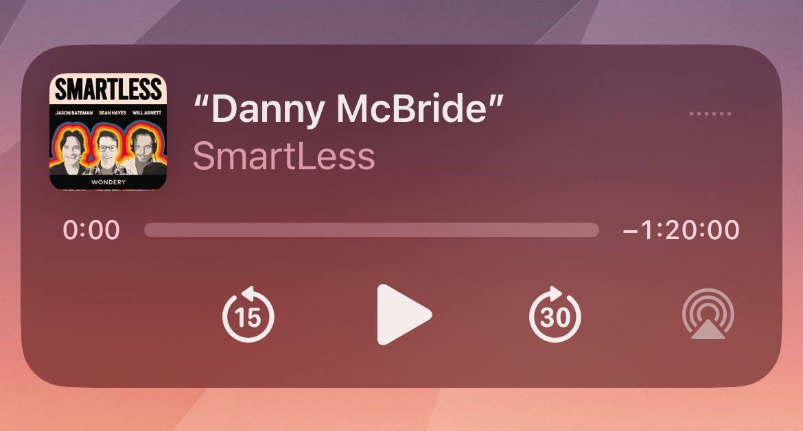 Screenshot showing a SmartLess episode with Danny McBride ready to start. 