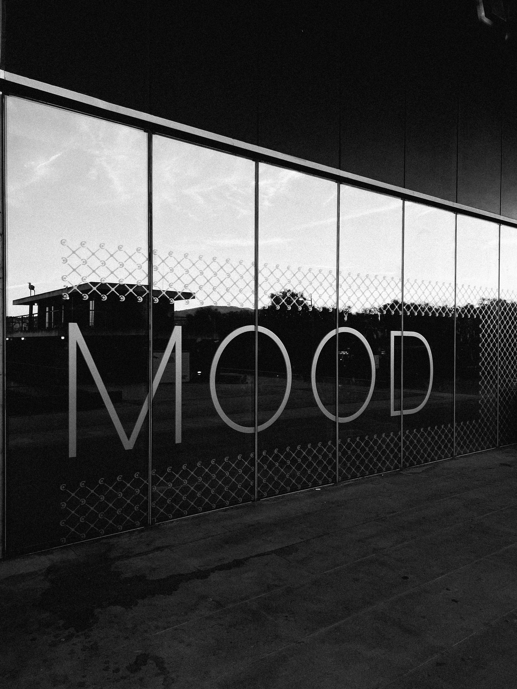 Black and white photo, the word “MOOD” written in a window. 