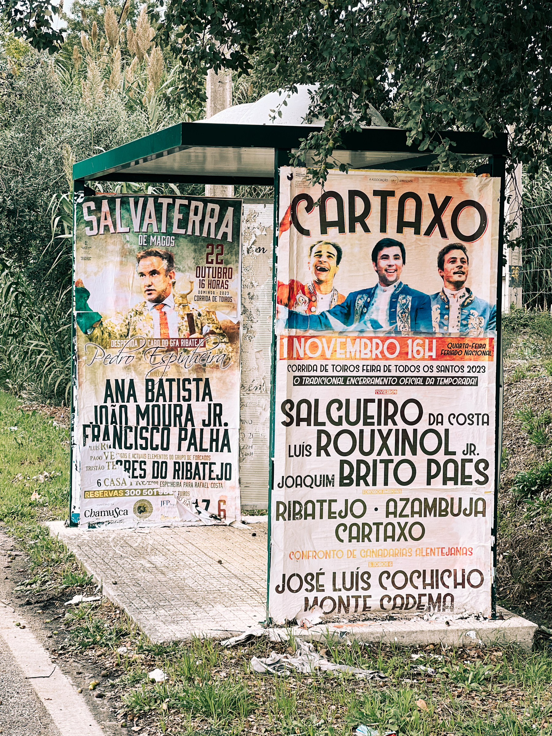 A bus stop in the countryside, covered with bullfighting posters. 