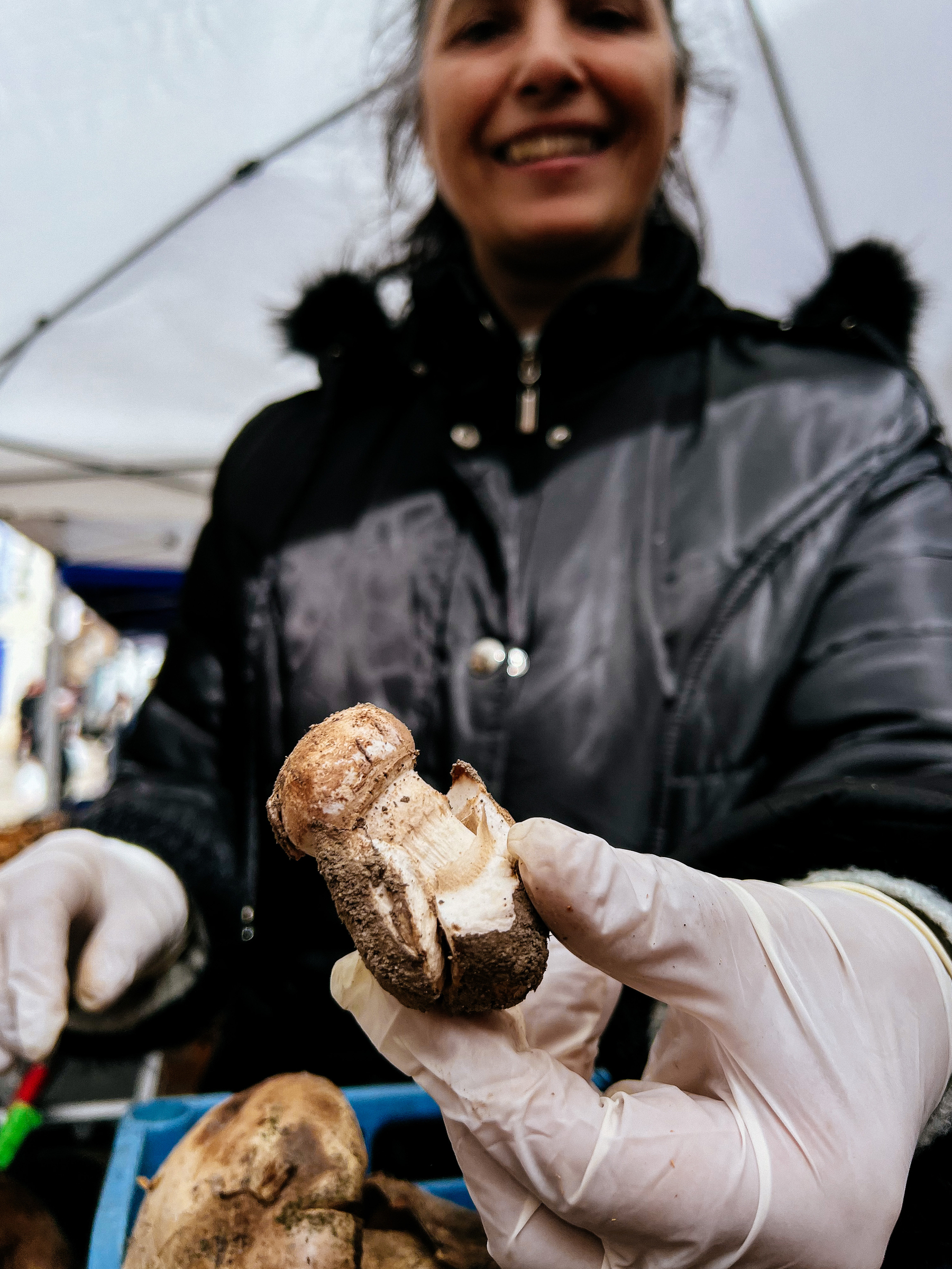 A woman holds up a mushroom to the camera. 