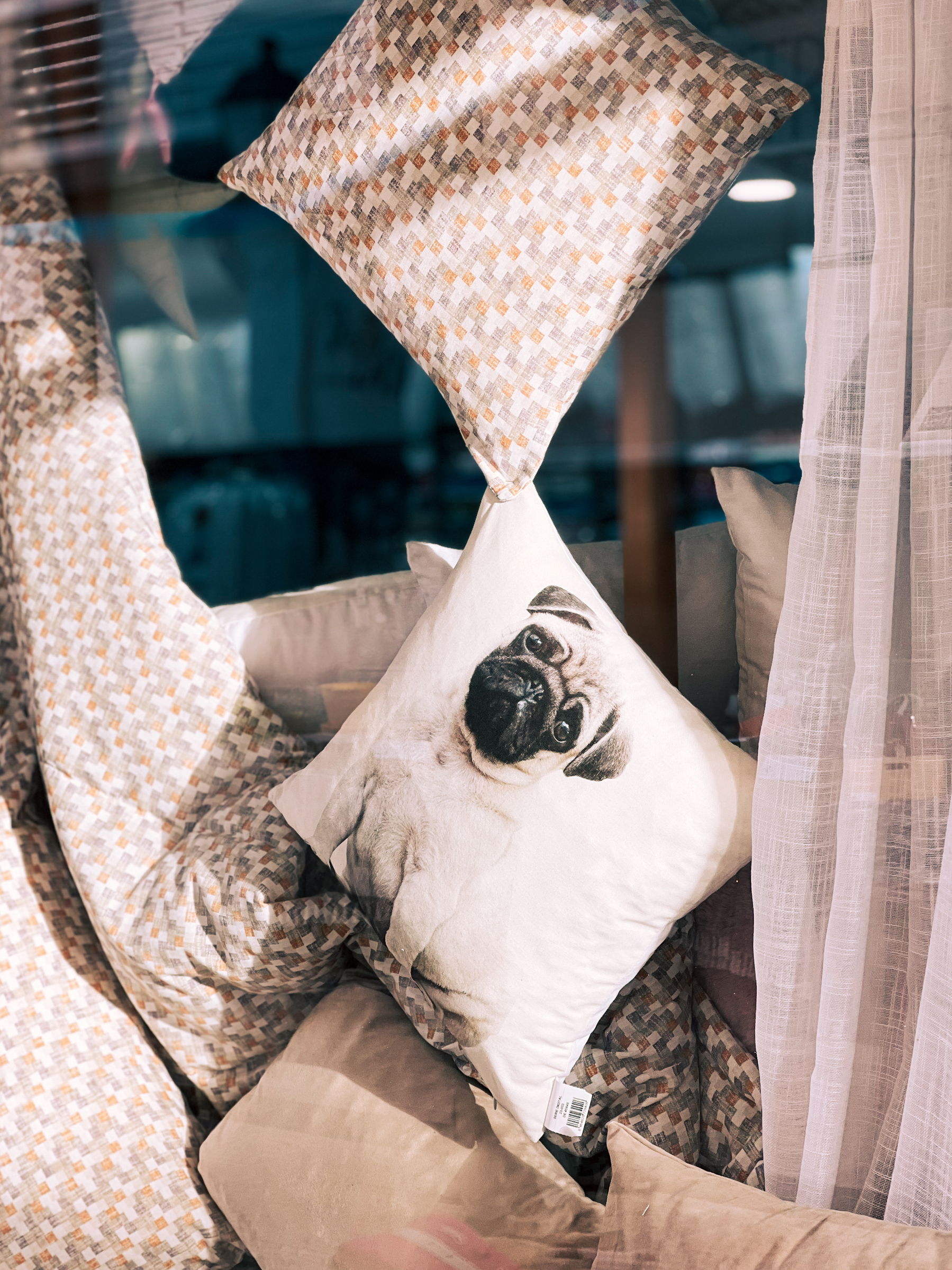 Shop window with a pillow with a dog on the pillow case. 