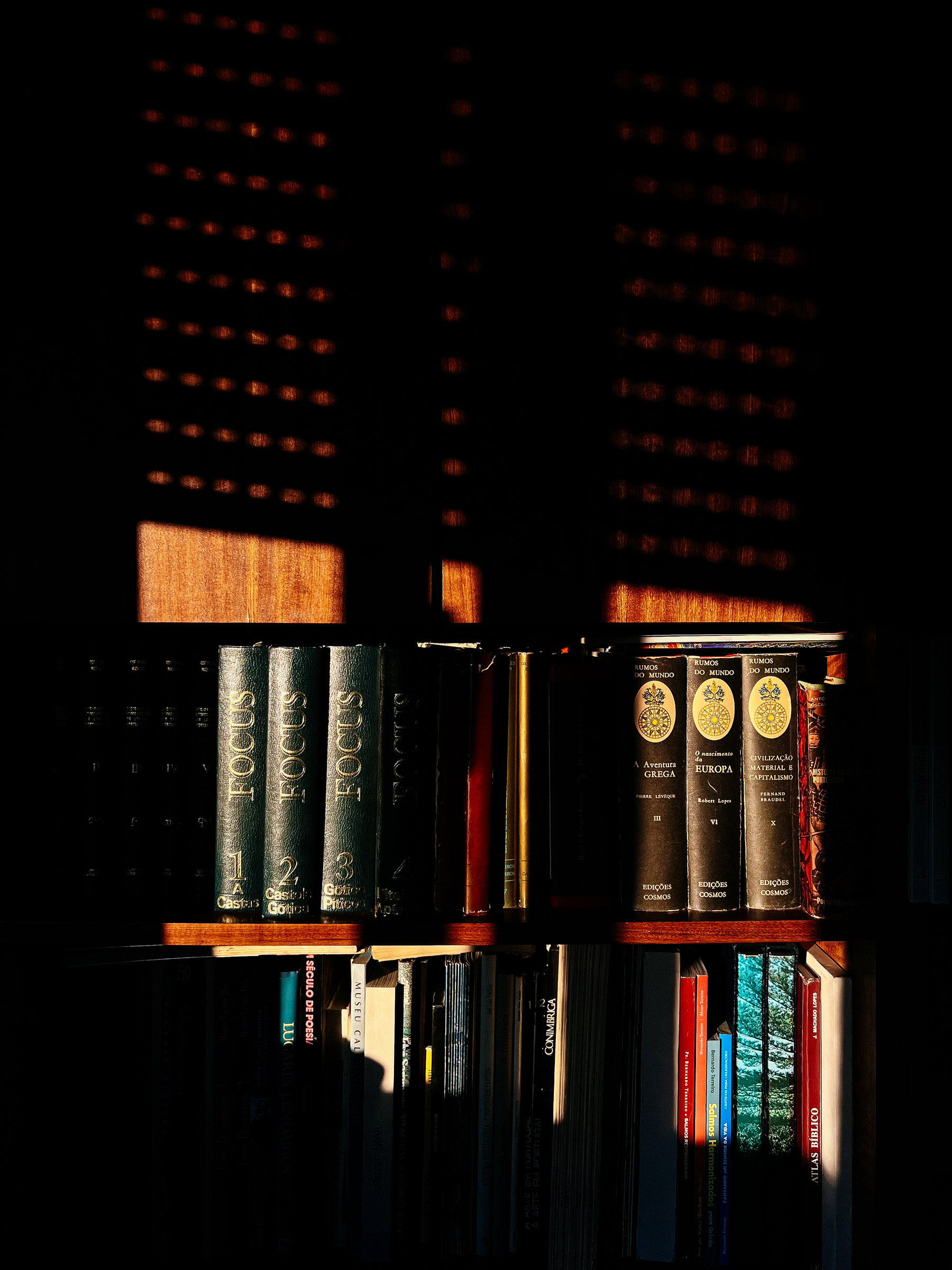 Sunset light hitting books on shelves. 