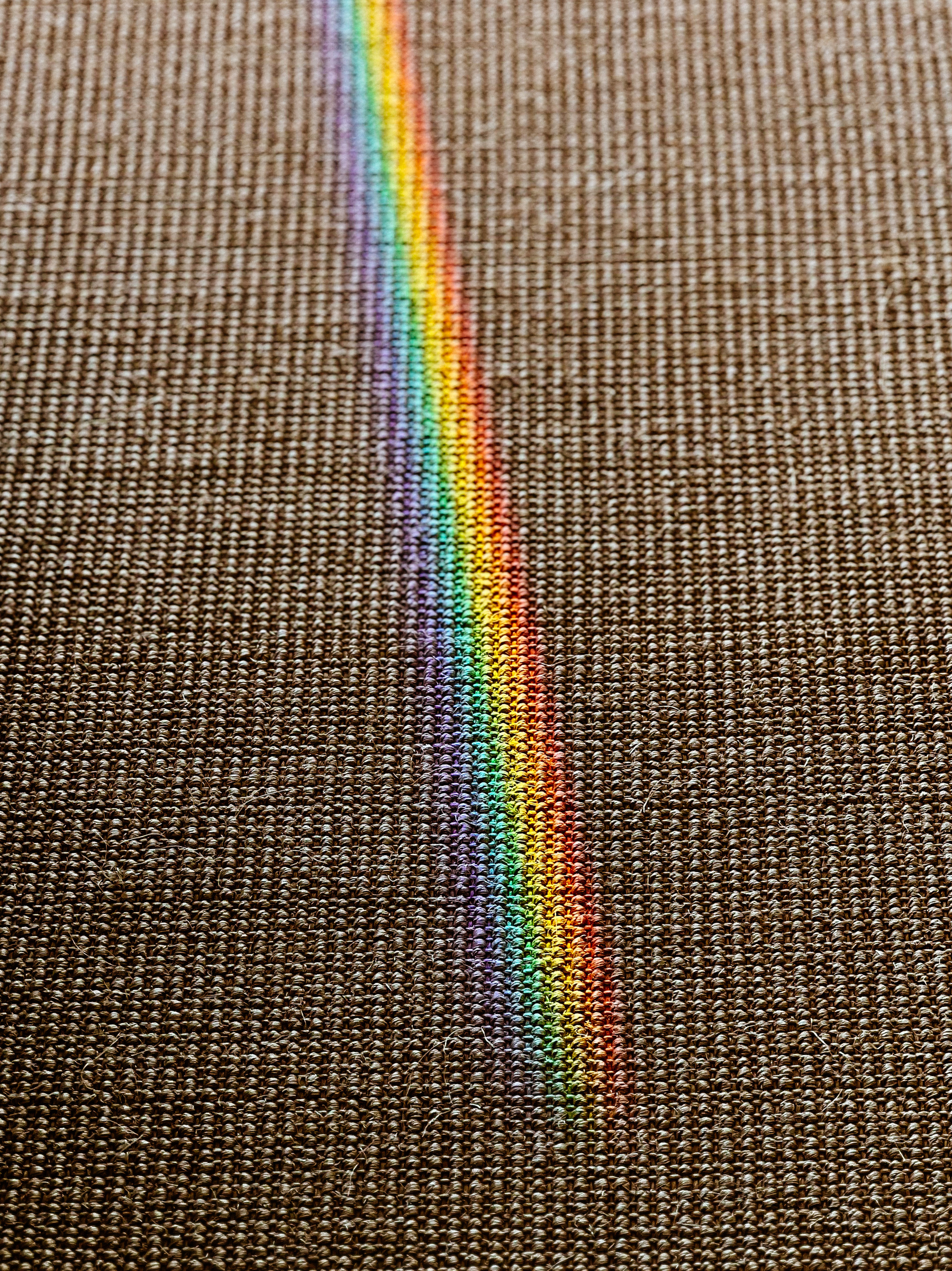 A rainbow is seen on the carpeted floor. 