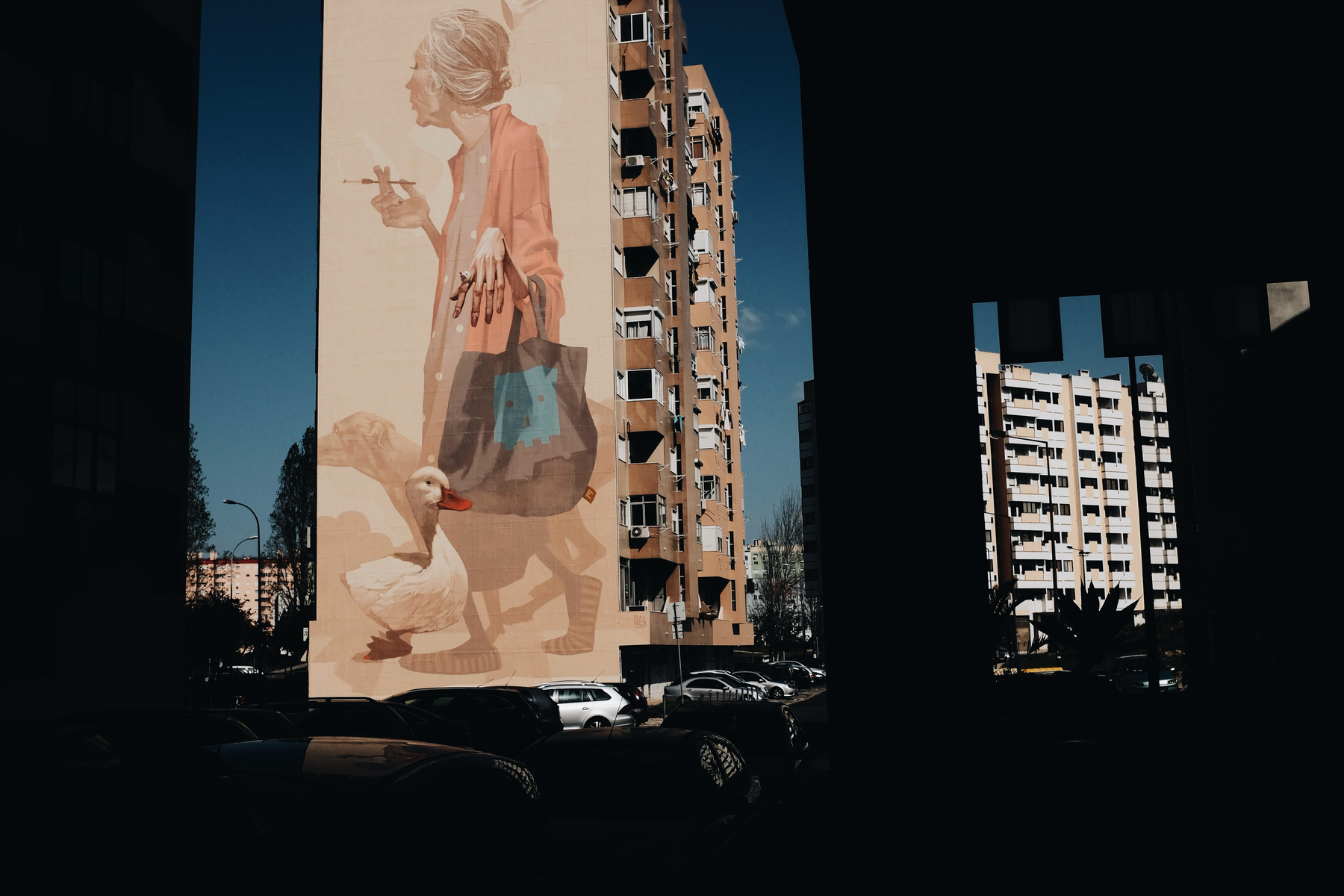 an incredible piece of street art, a building-high image of a lady.