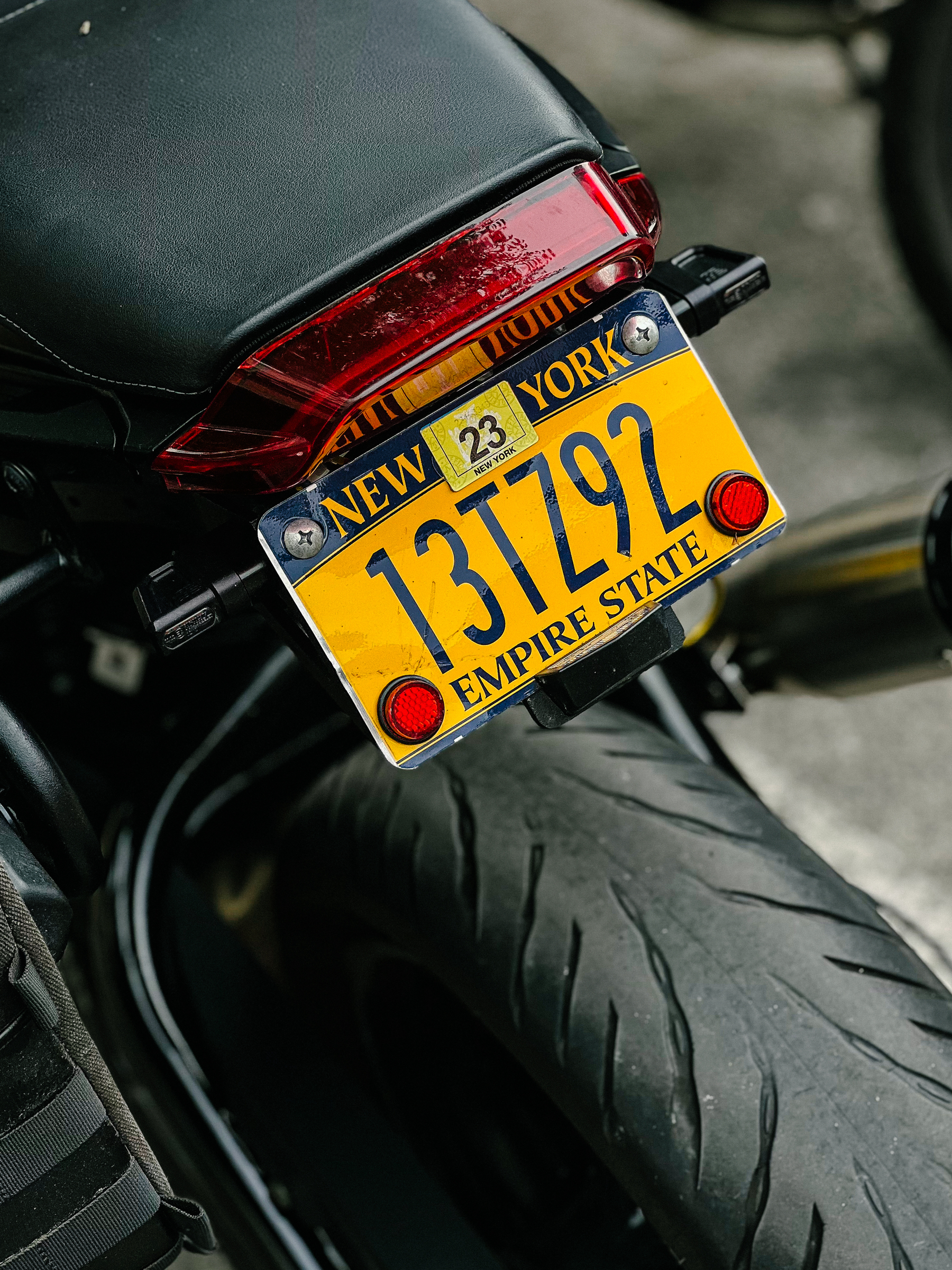 A motorcycle with NY license plates.