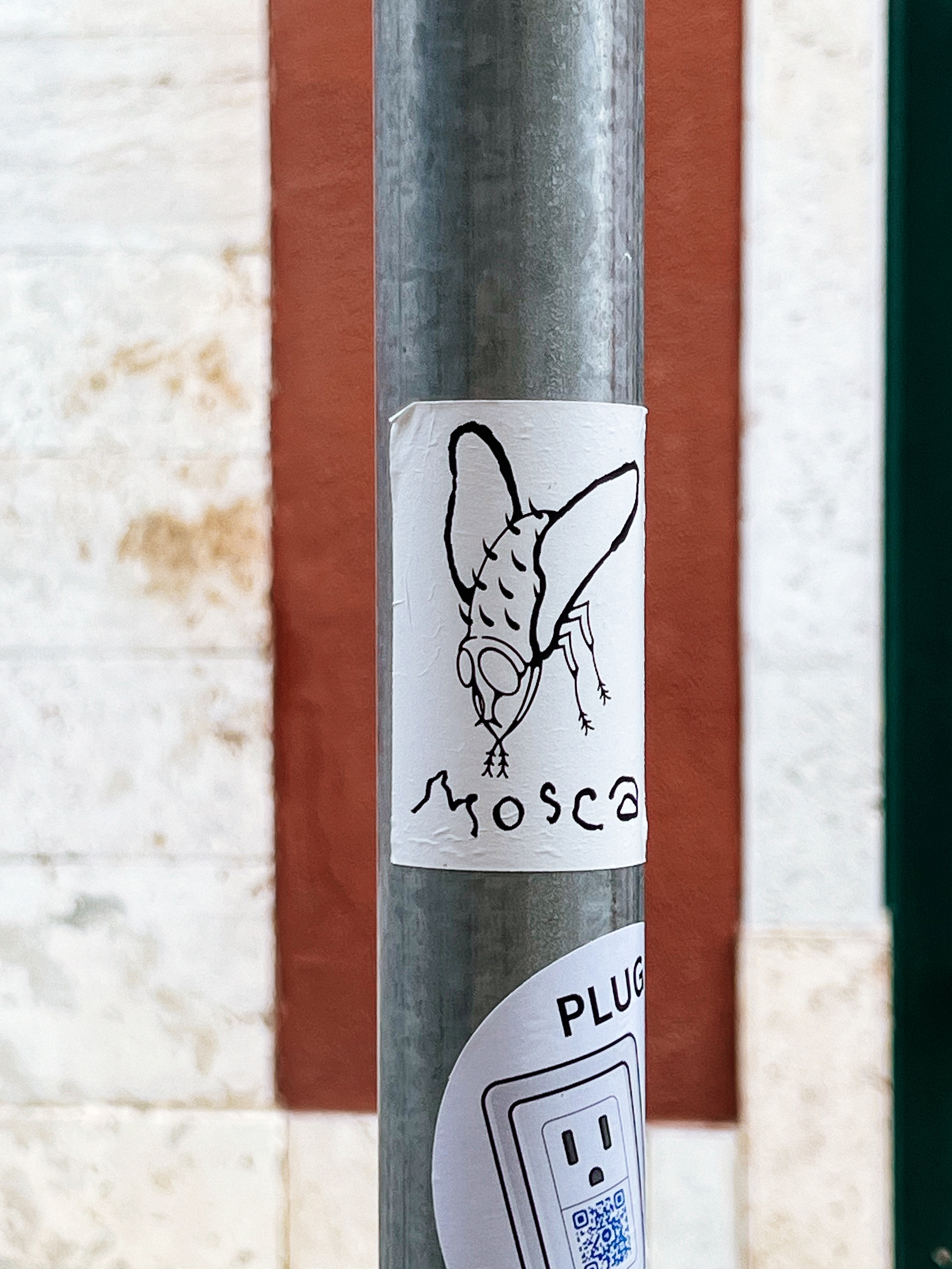 “Mosca”(Fly), and a very basic drawing of a fly. Look good, though. A sticker, of course. 